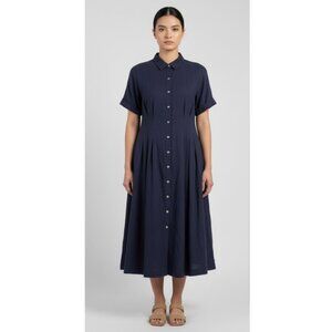 H by Halston Navy Linen Preppy Pleated Fit & Flare Button Front Midi Dress 10